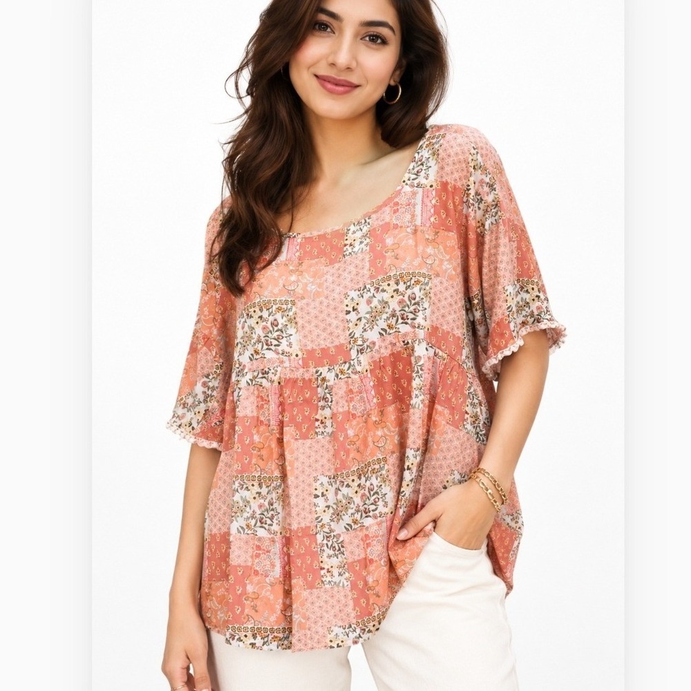 Haptics Holly Harper Womens Patchwork Floral Babydoll Top Coral Peach Medium